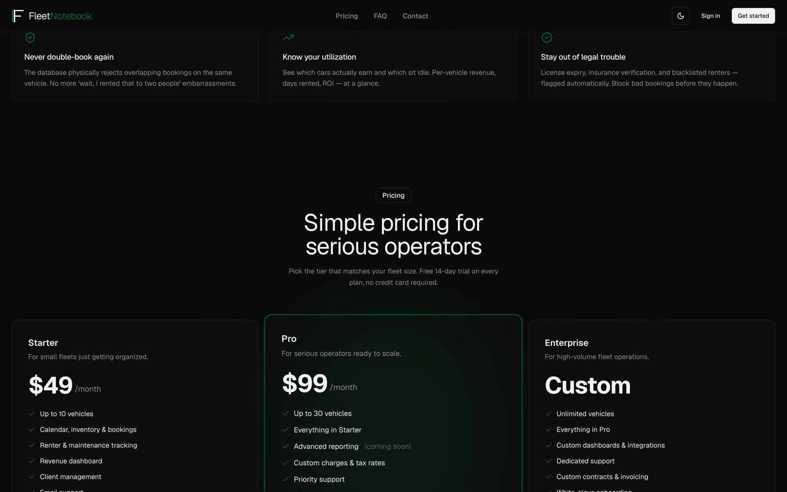 FleetNotebook pricing tiers